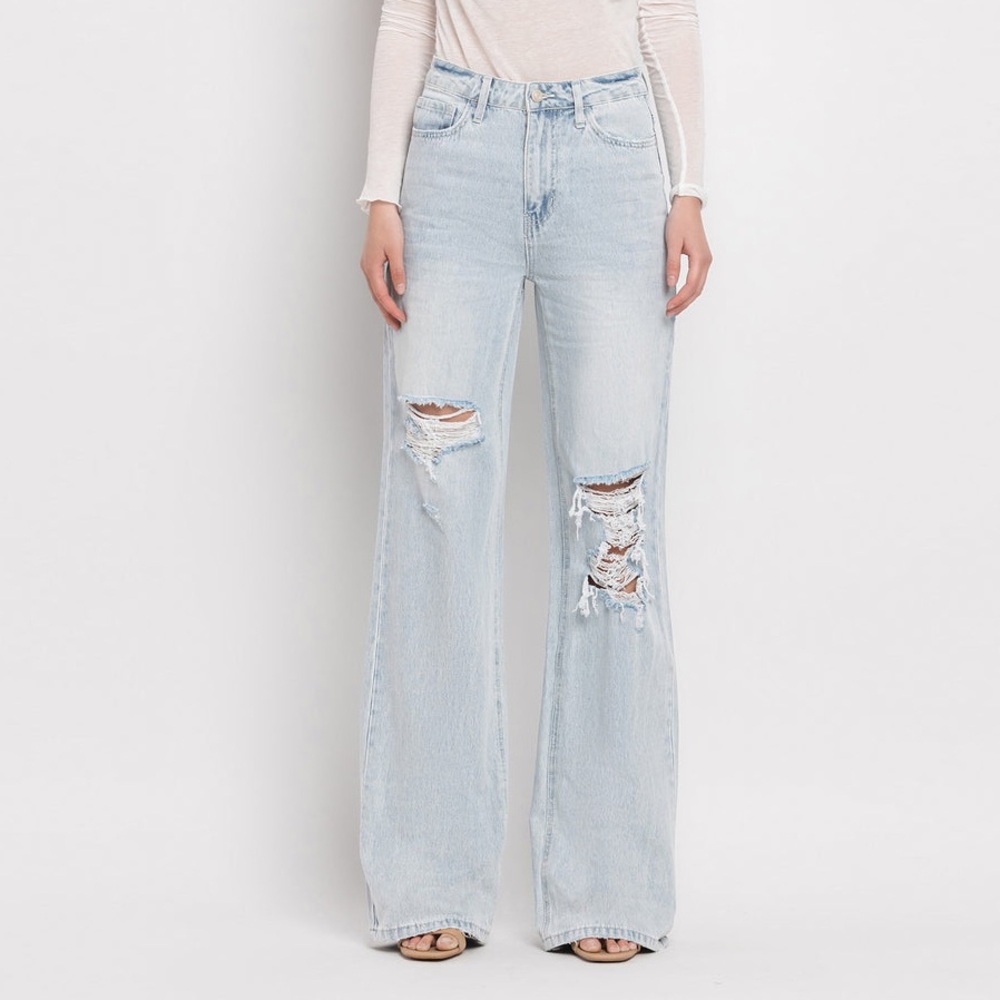 Vervet Blue Flare Wide Leg Jeans with Distressed Details